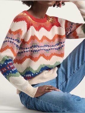 Pendleton Cream Multicolor Fair Isle Crewneck Sweater knit with peruvian  cotton